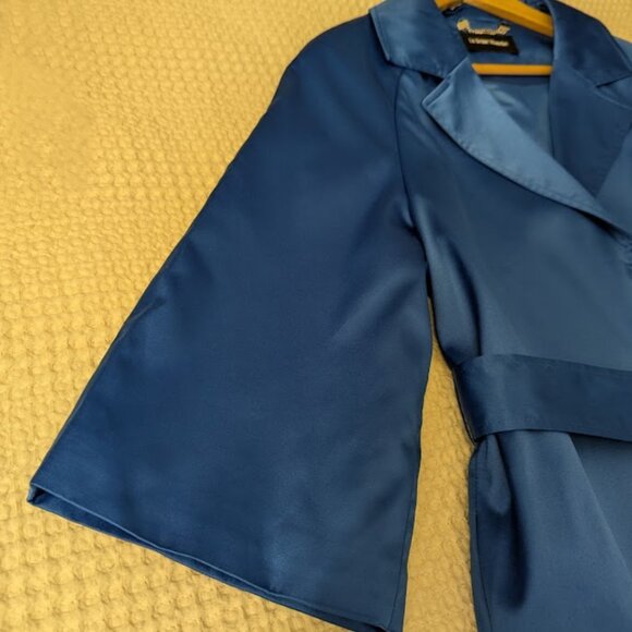 Coat Dress Trendy Electric Blue Satin Belted 3/4 Sleeves Fully Lined - Picture 10 of 11